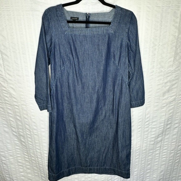 Talbots Dresses & Skirts - Talbots Dress Womens 6 Blue Chambray 3/4 Sleeve Square Neck Above Knee Casual